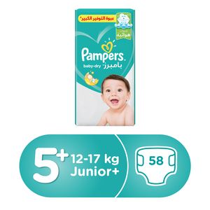 Pampers Baby Dry Diapers Size 5+ Junior 12-17kg 58pcs offers at 52,5 Dhs in Lulu Hypermarket