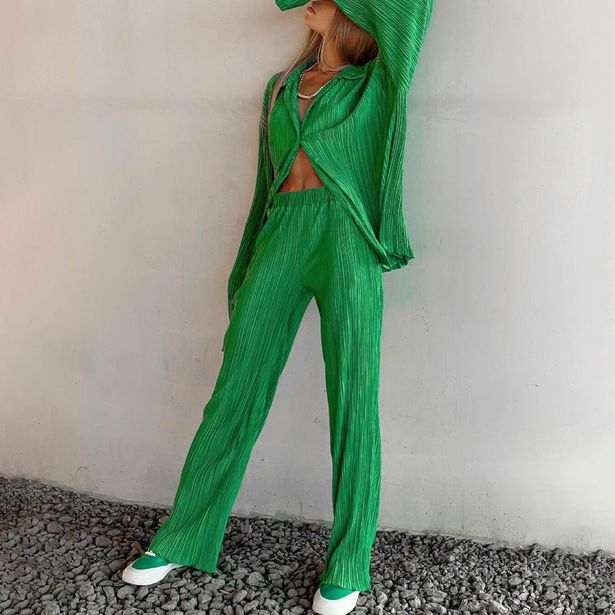 2022 Women Loose Wide Leg Pants Suit Green Elegant Pleated Two Piece Set Long Sleeve Blouses  High Waist Summer Casual Outfits offers at 74,93 Dhs in Aliexpress