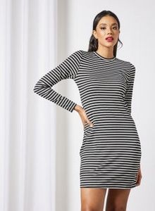 Women's Casual Round Neck Long Sleeve Horizontal Stripe Fitted Mini Knit Dress Black/White offers at 20 Dhs in Noon